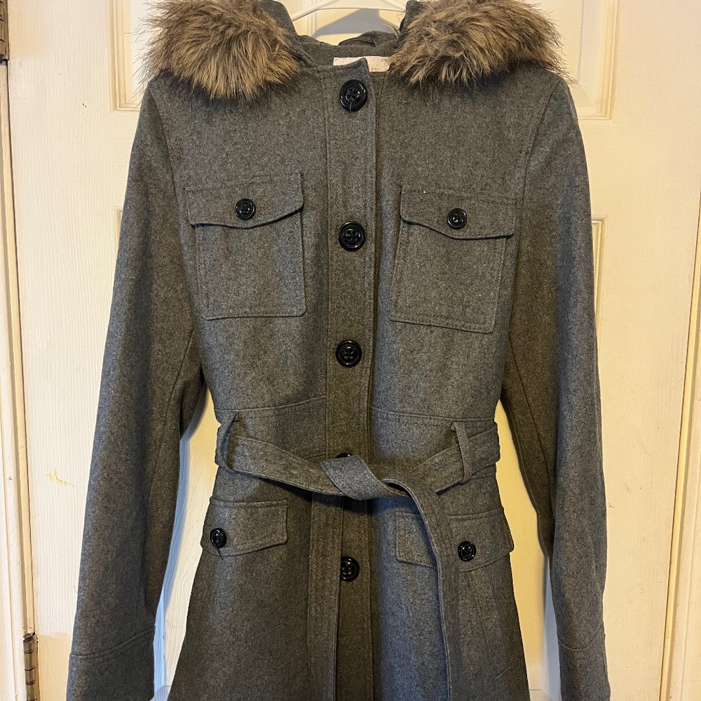 Grey pea coat with lined hood